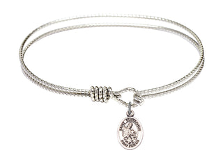 7 1/4 inch Oval Eye Hook Rhodium Bangle Bracelet with a Sterling Silver Saint Eustachius charm. Engraved Catholic Saint Jewelry