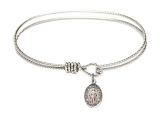 7 1/4 inch Oval Eye Hook Rhodium Bangle Bracelet with a Sterling Silver Our Lady the Undoer of Knots charm. Engraved Catholic Saint Jewelry