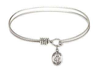 7 1/4 inch Oval Eye Hook Rhodium Bangle Bracelet with a Sterling Silver Saint Dismas charm. Engraved Catholic Saint Jewelry