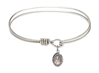 7 1/4 inch Oval Eye Hook Rhodium Bangle Bracelet with a Sterling Silver Our Lady of Czestochowa charm.