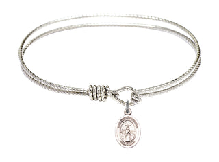 7 1/4 inch Oval Eye Hook Rhodium Bangle Bracelet with a Sterling Silver Saint Medard of Noyon charm. Engraved Catholic Saint Jewelry