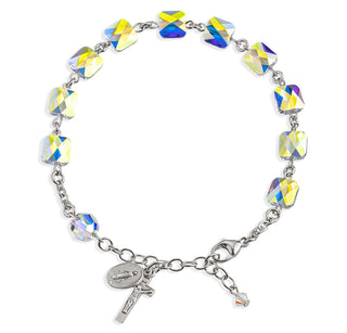 Sterling Silver Rosary Bracelet with 8mm Aurora Borealis Finest Austrian Crystal Multi-Faceted Square Beads