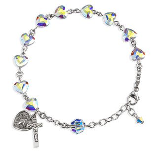 Sterling Silver Rosary Bracelet with 8mm Aurora Borealis Finest Austrian Crystal Heart Shape Beads