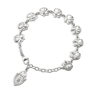 Sterling Silver Rose Bud Beads with Saint Images on Bracelet