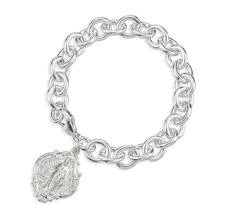 Extra Heavy Solid Sterling Silver Link Style Bracelet With Hail Mary Miraculous Charm