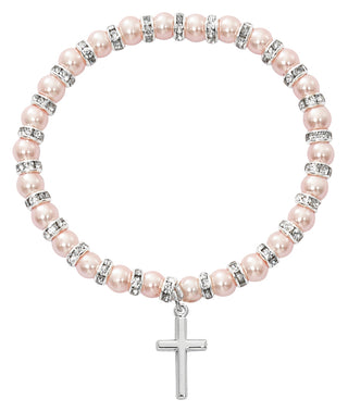 Pink Baby Stretch Bracelet and Sterling Cross Boxed