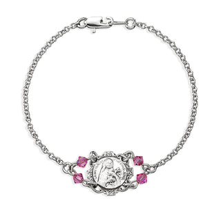 Sterling Silver Saint Therese Medal with Fine Crystal Pink Beads on Platinum Plated Rolo Bracelet 7 1/2"