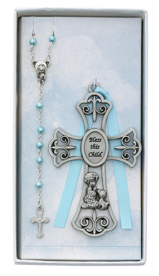 Baby Boy and Puppy Crib Cross and Rosary Boxed