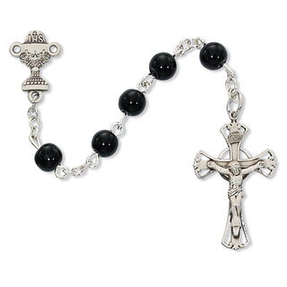 Sterling Silver 6MM Black Glass Communion Rosary