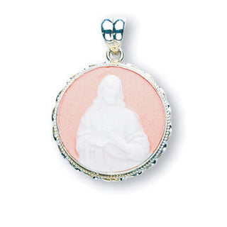 3/4-inch Sterling Silver Red Sacred Heart Cameo | 24-inch Chain