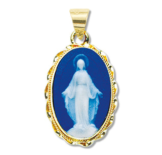Dark Blue Gold Over Sterling Silver Cameo Miraculous Medal - SALE