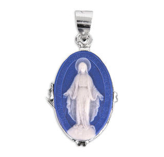 Genuine Blue Cameo Miraculous Medal, Oval, 24-inch Chain