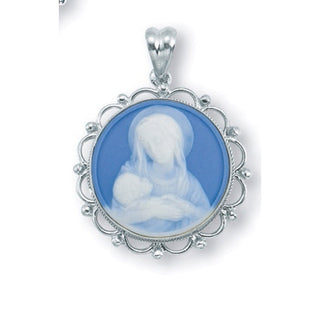 1 3/16-inch Sterling Silver Light Blue Madonna and Child Cameo | 24-inch Chain