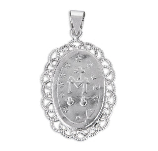 Light Blue Cameo Miraculous Medal with Sterling Silver Weaved Filigree Frame, 1-3/4-inch on 24-inch Chain