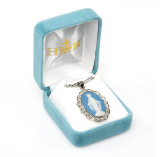 Light Blue Cameo Miraculous Medal with Sterling Silver Weaved Filigree Frame, 1-3/4-inch on 24-inch Chain