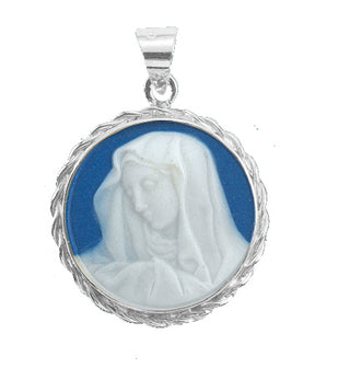 15/16" Sterling Silver Dark Blue Our Lady of Sorrows Cameo with 18" Chain