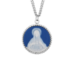 Sterling Silver Blue Immaculate Heart of Mary Cameo Medal, 18-inch Chain