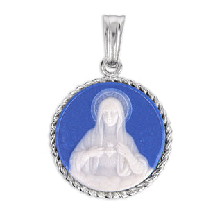 Sterling Silver Blue Immaculate Heart of Mary Cameo Medal, 18-inch Chain