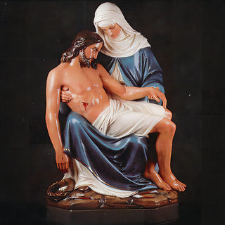 Hand-painted fiberglass resin Pieta statue, 60 inches tall, depicting Mary holding the body of Christ.