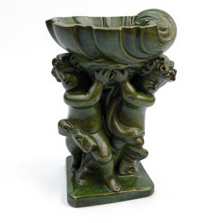 Twin Cherubs with Shell Statue - 36-inch — Green Bronze finish