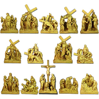 Stations of the Cross (14-Piece Set) Wall Plaques — Deep Gold finish