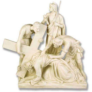 Fiberglass resin statue of Jesus falling beneath the cross, depicting the station Jesus Falls the Second Time. — alternate view