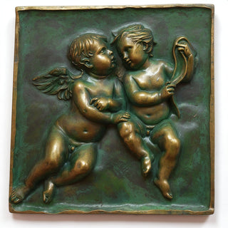 Two Singing Cherubs Frieze - 33-inch — Green Bronze finish