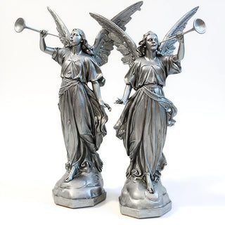 Angels with Trumpets, a Matched Set Statue Set - 64-inch — Antique Silver finish