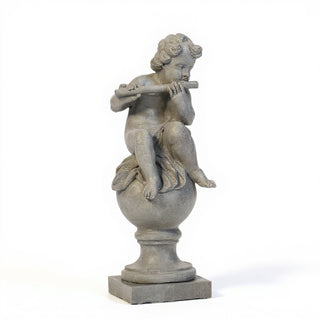 Cherub on Fluted Finial Pedestal - 39-inch — Limestone finish