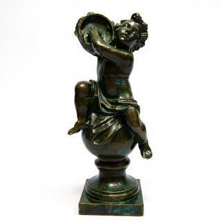 Cherub On Finial With Tambourine Statue - 39-inch — Green Bronze finish