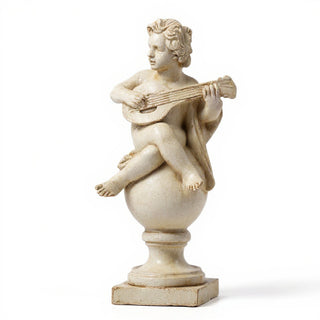 Cherub on Finial with Mandolin Statue - 39-inch — Antique White finish