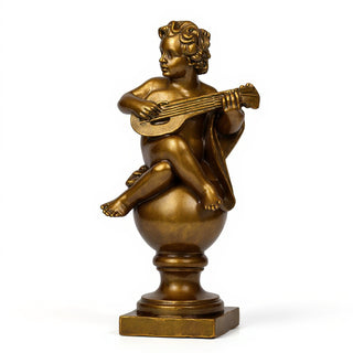 Cherub on Finial with Mandolin Statue - 39-inch — Bronze finish