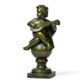 Cherub on Finial with Mandolin Statue - 39-inch — Green Bronze finish