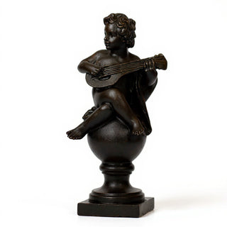 Cherub on Finial with Mandolin Statue - 39-inch — Iron finish