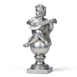 Cherub on Finial with Mandolin Statue - 39-inch — Silver finish