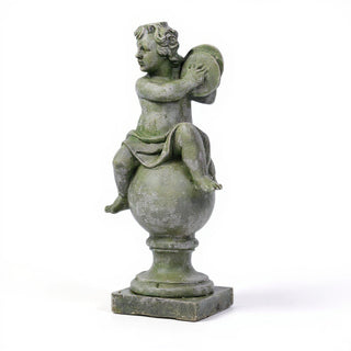 Cherub on Finial with Cymbals Statue - 39-inch — Mossy Green finish