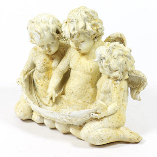 Fiberglass resin birdfeeder statue with three cherubs supporting the bowl on top — alternate view