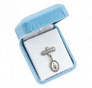 Sterling Silver Oval Fancy Edge Miraculous Baby Medal on a Godchild Bar Pin