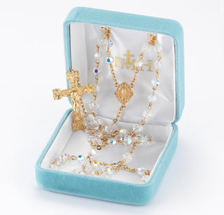 5mm Finest Aurora Crystal Gold Plated Round Beads with Gold Over Sterling Crucifix and Center