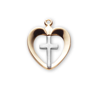 3/4-inch Tutone Gold Over Sterling Silver Heart with Cross and 18-inch Chain