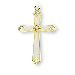 1 1/8-inch Gold Over Sterling Silver Pearl Enameled Cross | 5 Crystals 18-inch Chain