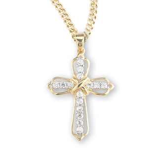 1 Inch Gold Over Sterling Silver Crystal Zircon Cross Pendant With 18 Inch Chain