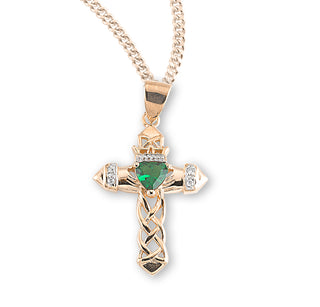 1 Inch Gold Over Sterling Silver Cross Pendant With Emerald Zircon 18 Inch Chain