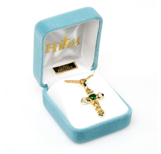 1-inch Gold Over Sterling Silver Cross Pendant with Emerald Zircon 18-inch Chain