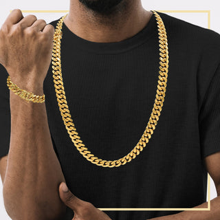 Cuban Link 14K Gold Plated Necklace 30" Bracelet 8.5" Set For Men