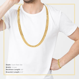 Cuban Link 14K Gold Plated Necklace 30" Bracelet 8.5" Set For Men