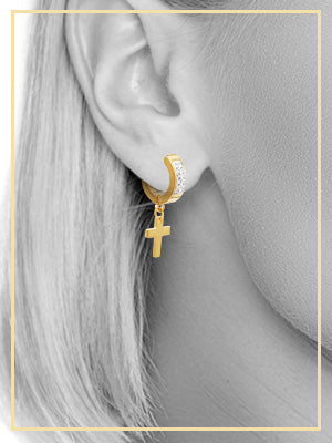 Cubic Zirconia Cross Pendant Huggie Hoops 14K Gold Plated Silver Black Earrings