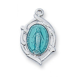 Sterling Silver Miraculous Blue Medal With Chain