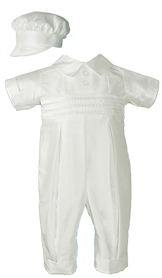Boys White Silk Baptism Coverall with Hat