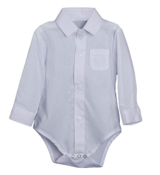 Baby Boys Poly Cotton Button Up White Dress Shirt Bodysuit Romper with Collar